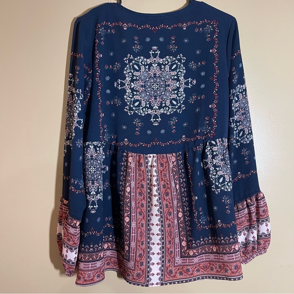 Artesia Boho Blue & Coral Floral Tassel Babydoll Tunic Top Size M - Picture 6 of 7